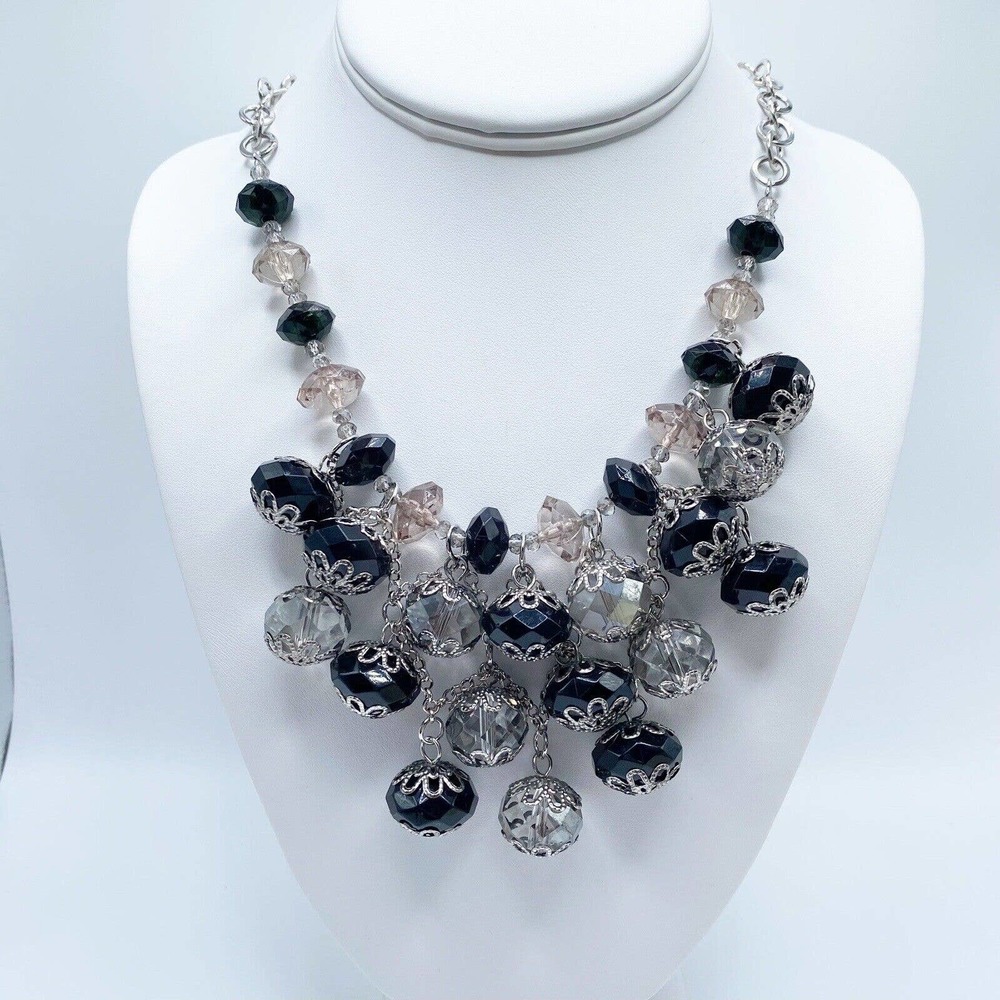 Faceted Black Grey Pink Bead Silver Tone Statement Bib Necklace Drama 17-19"